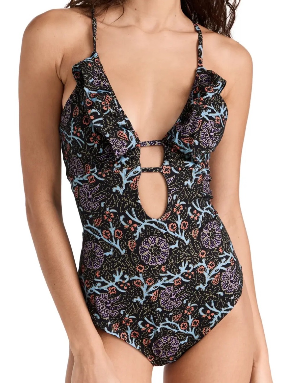 SEA NEW YORK MARLEE ONE PIECE Floral Ruffle Swimsuit Black w/ Pastel Prints XXS